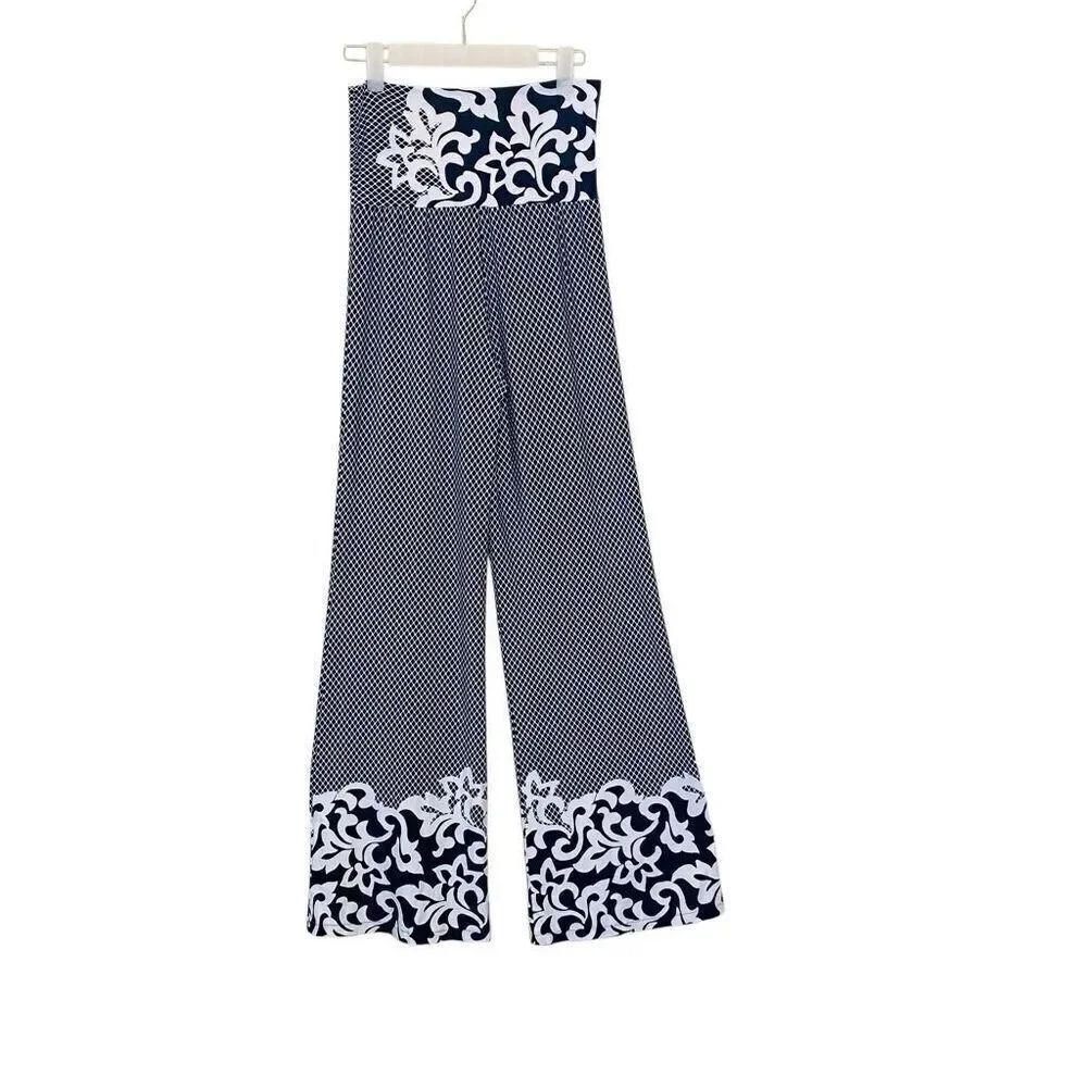 MOA USA Printed Stretch High Waist Wide Leg Palazzo Pants Navy White Size Small